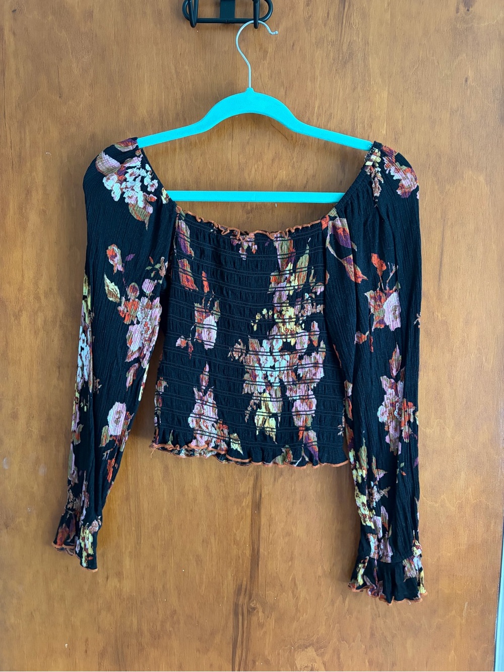 Black Floral Smocked Long-Sleeve Women's Top